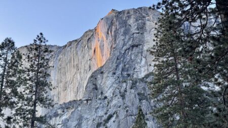 Firefall at Yosemite is an annual winter phenomenon in which a seasonal waterfall on El Capitan seems to glow like lava at sunset (Photo- Christine Sarkis)
