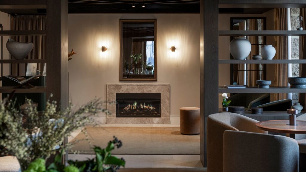 view of interior of the Hotel Palacio de los Angeles in Haro, Rioja, Spain. View of fireplace and decor