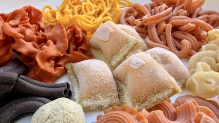 freshly made pastas, uncooked and in different colors and types, at Healdsburg's Dry Creek Kitchen