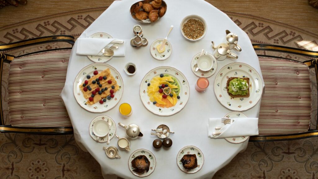 Breakfast table from above at Lucknam Park in England, a hotel with a Michelin-starred restaurant