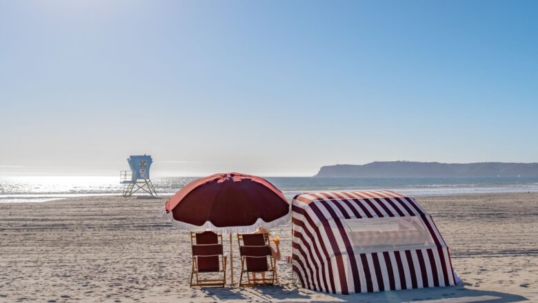 Beach chairs on the beach at the Hotel del Coronado