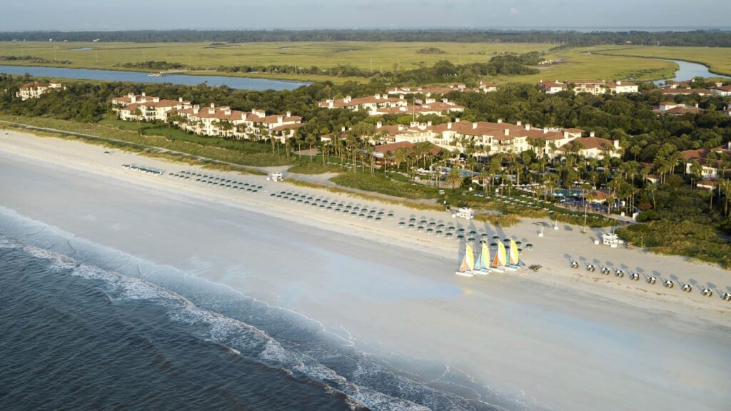 An aerial view of the beach club at Sea Island