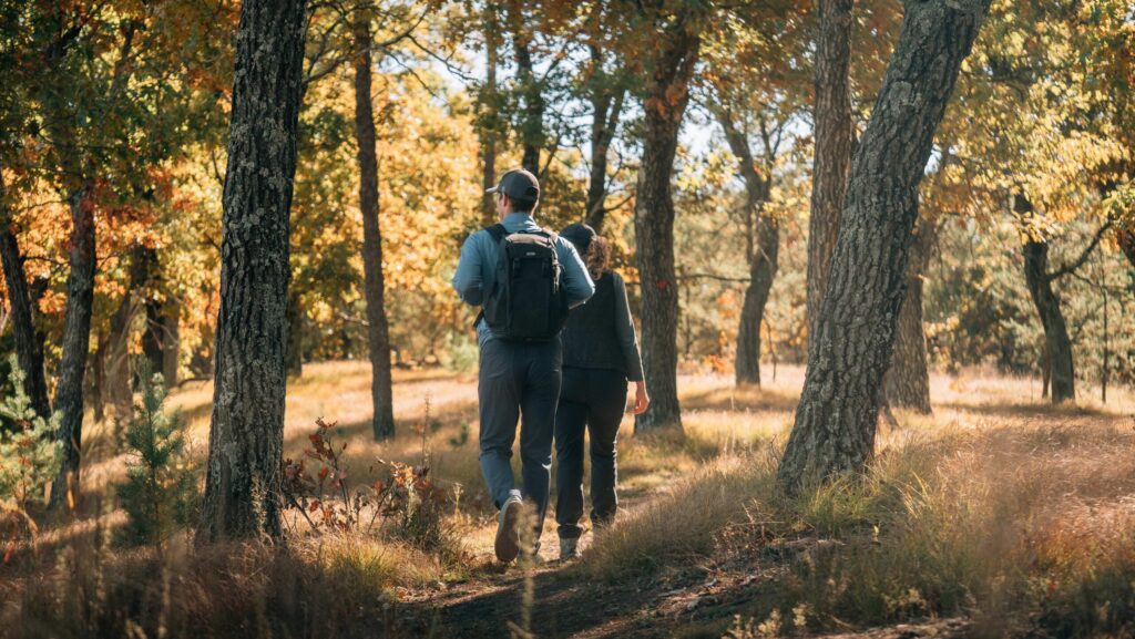 A couple walking in the woods at Sand Valley