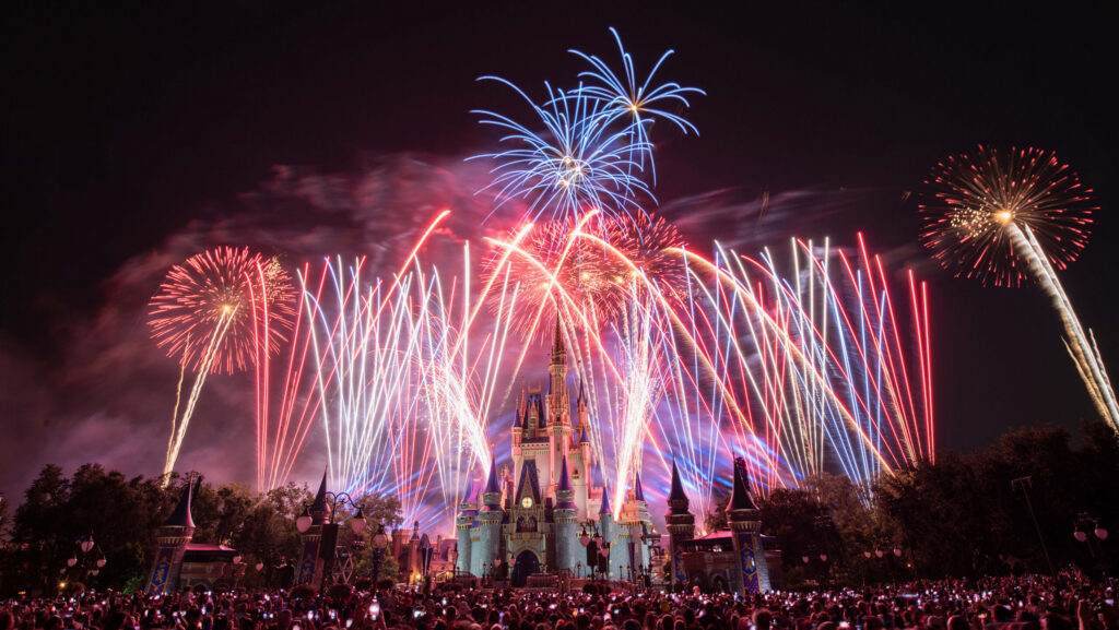 Fireworks going off over Cinderella Castle