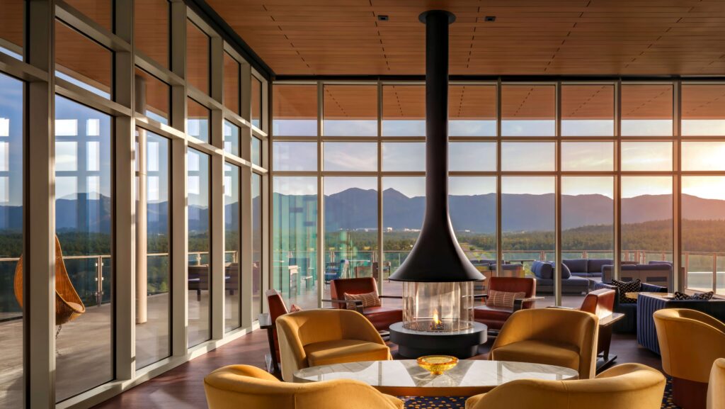 Mountain views from the ninth-floor Aviator Rooftop Bar at Hotel Polaris