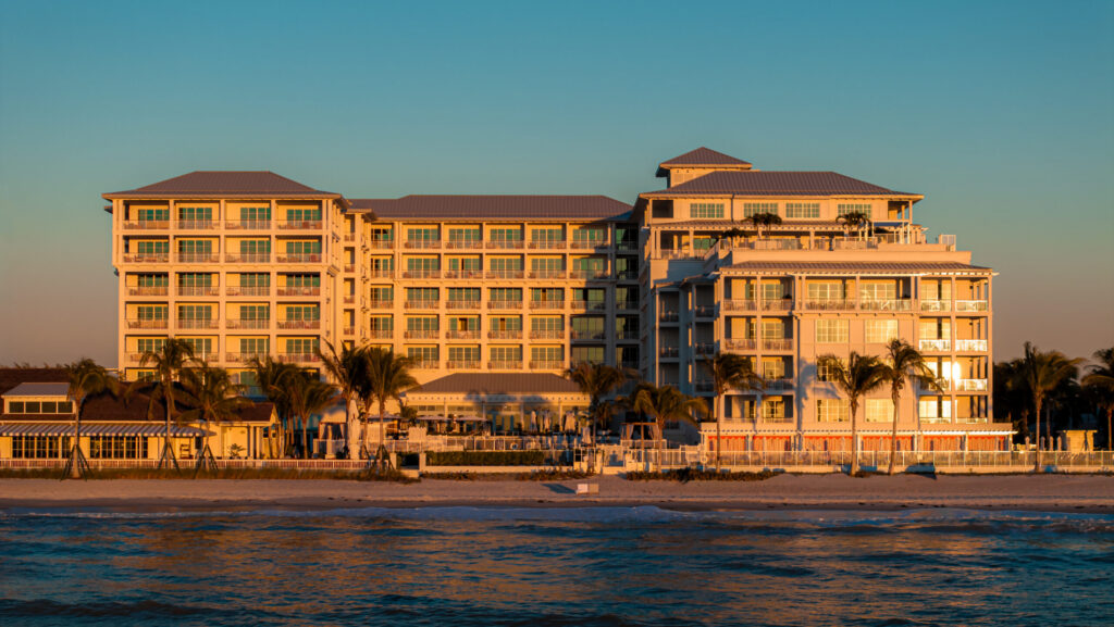 Sun shining on a beachside hotel
