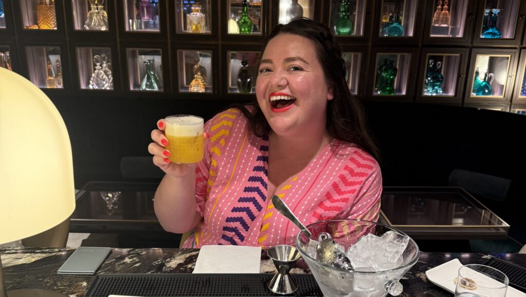 Megan with her cocktail class drink on Silversea
