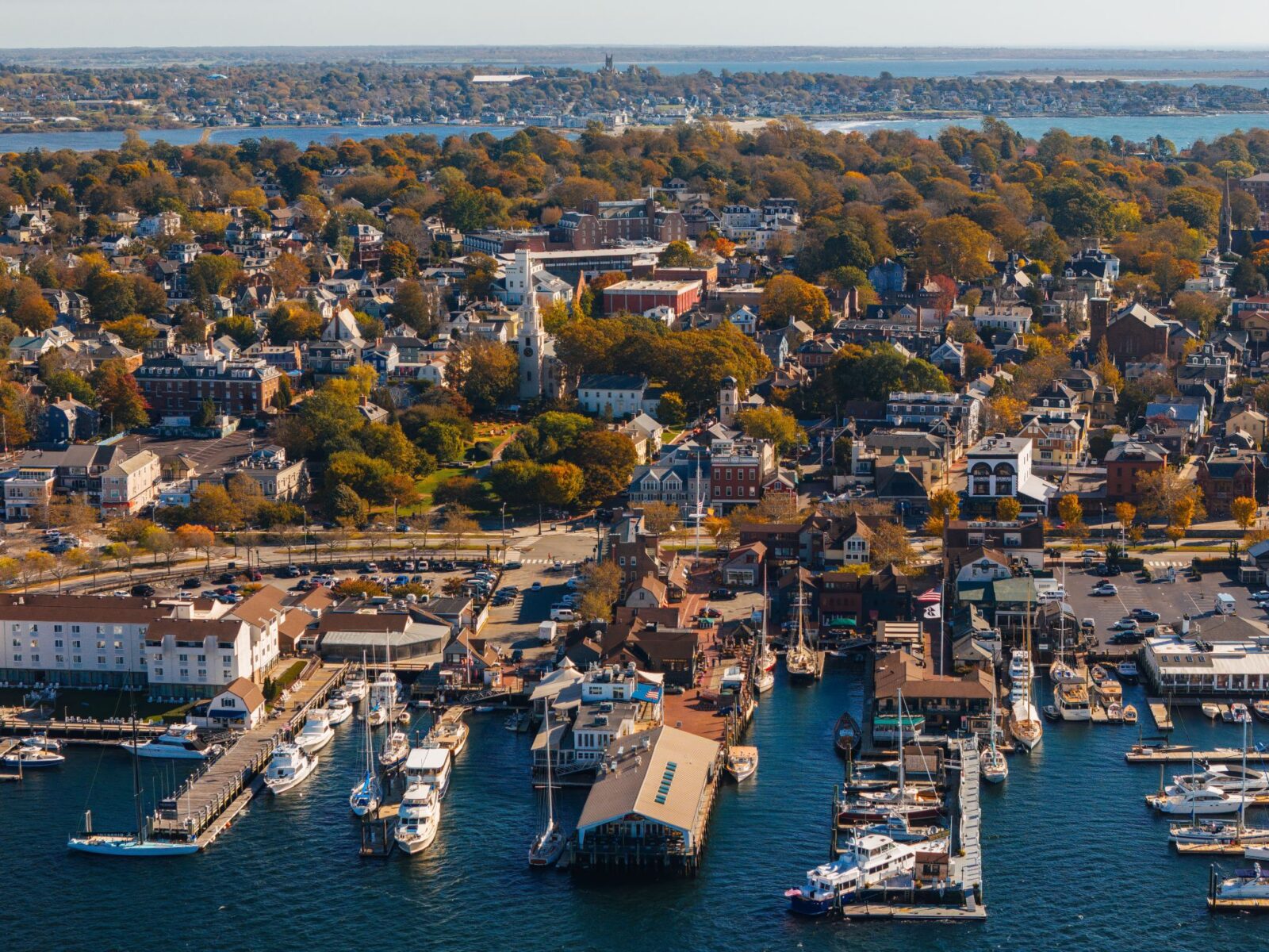 An aerial view of Newport, RI in the fall
