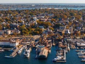An aerial view of Newport, RI in the fall