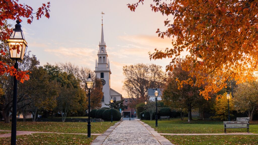 Queen Anne Square in Newport at sunrise in the fall